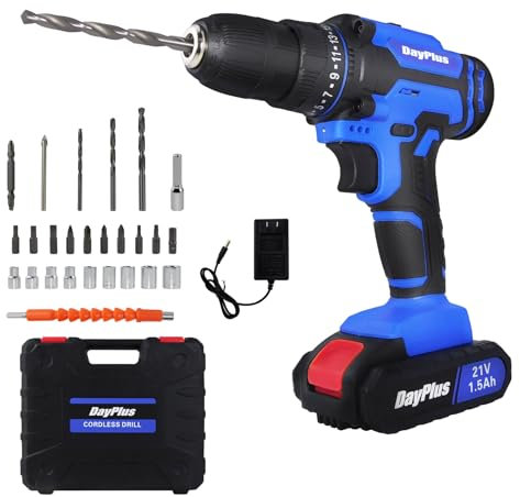 Trapano avvitatore a batteria da 45 Nm 25 + 1 coppia, avvitatore a batteria con 2 batterie da 1,5 Ah e caricatore rapido, vite a percussione con cassetta degli attrezzi portatile, blu