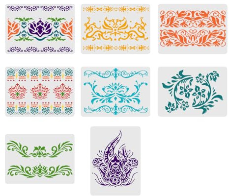 HLIWS Plantilla de Borde de Flores-8 Piezas Plantillas de Dibujo Reutilizables,plantillas de Calado Para pintar en paredes, suelos y muebles(21x29cm)