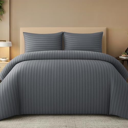 Pamposh Set copripiumino super king a righe in raso, set di biancheria da letto con copripiumino di prima qualità alberghiera, biancheria da letto in microfibra morbidissima e ipoallergenica