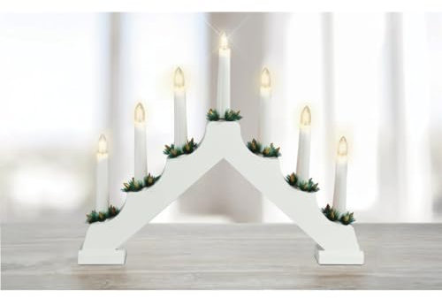 OAKHIVE Wooden Christmas Candle Bridge - Wood Christmas Arch, Xmas Candelabra with LED Candles, Warm White Faux Candlelight - Battery-Operated Lights(White)