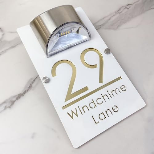 Personalizzato Solar-Powered LED Door Number Sign, Modern Laser-Cut 3D Address Plaque Waterproof Outdoor House Number Sign Custom Address Plaque for Homes, Apartments, Hotels, Yard, Porch (White Gold)