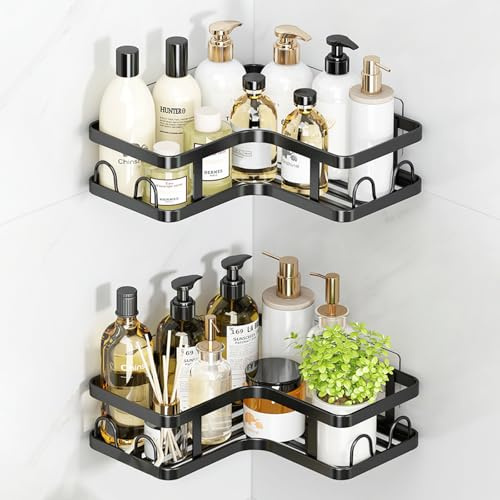 ORAGKE Estanteria Baño sin Tornillos, Estanteria Ducha sin Taladro, Estante Ducha Esquina Rinconera, Organizador Soporte Baño con Adhesivo para Champú, Gel, Resistente al Agua y Óxido (2PCS, Negro)