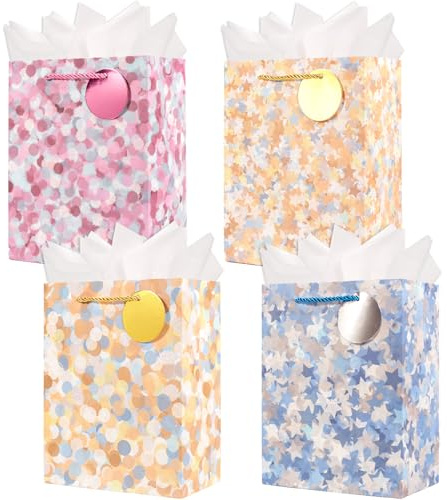 4 Pack 9Inch Gift Bags With Tissue Paper and Gift Tag, Paper Bags Bulk for Mother's Day,Women Birthdays,Valentine's Day,Christmas,Anniversaries,Weddings,Party Supplies