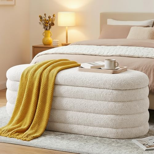 Ckaff Panca Contenitore Camera da Letto, Panca Fondo Letto, Cassapanca con Contenitore Imbottita, Pouf Organizzatore Ottomano in Sherpa per Camera da Letto Soggiorno Ingresso, Bianco