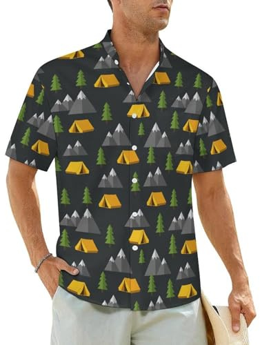JOJOART Camping Tent Mountains Trees Men's Casual Button Down Shirts Stand Up Collar Shirt Pocket for Hawaiian Beach Wedding XL