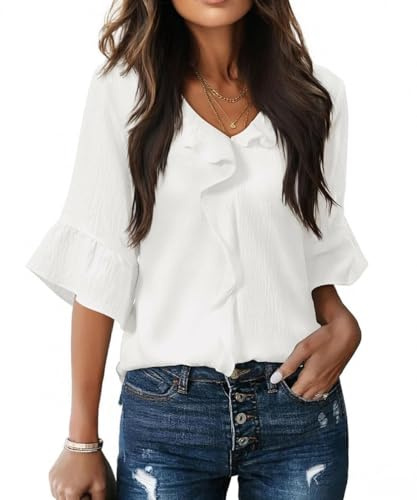 GRMLRP Camicetta Donna Elegante con Volant Blusa Scollo a V Maniche 3/4 Ampie Top Leggero e Traspirante Stile Casual Chic per Estate e Primavera(XL,Bianco)