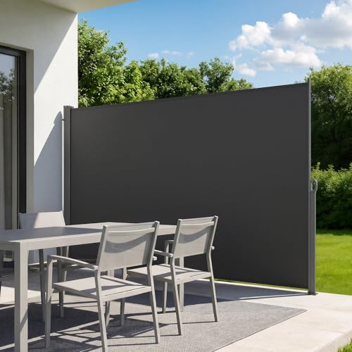 VEVOR Tenda Laterale Retrattile 180 x 300 cm Parasole, Divisorio Paravento per Terrazza con Tessuto in Poliestere, Impermeabile Frangivista Grigio, da Esterno per Giardino Balcone Piscina Terrazzo