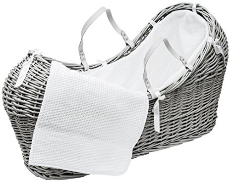 ELEGANT BABY White Waffle Grey Wicker Pod Moses Basket with Full Bedding, Padded Surround, Quilt & Fibre Mattress