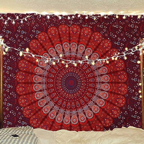 Bless International Indian hippie Bohemian Psychedelic Peacock Mandala Wall hanging Bedding Tapestry (Blue Red, Twin (54x72Inches)(140x185cms))