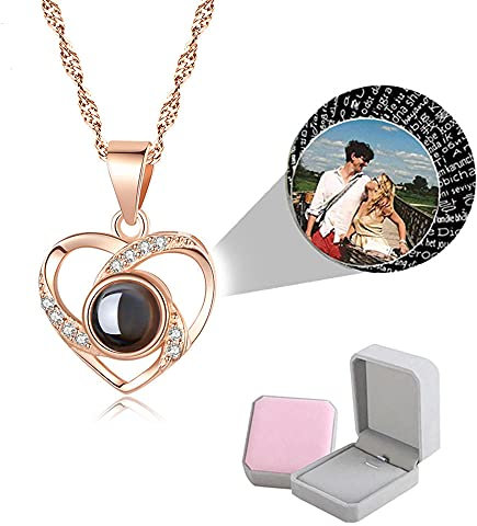 wikkeny Personalized Photo Projection Necklace, 925 Sterling Silver Custom Name I Love You 100 Languages Pendant Jewelry Gifts Women Girls-gold