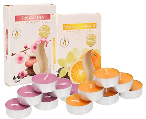 KOTARBAU® 2 paquetes de 6 x Velas de té, Velas aromáticas, Velas con aroma a Vainilla naranja + Spa garden, 4 horas de combustión, Velas de té pequeñas, Velas de te, 12 unidades