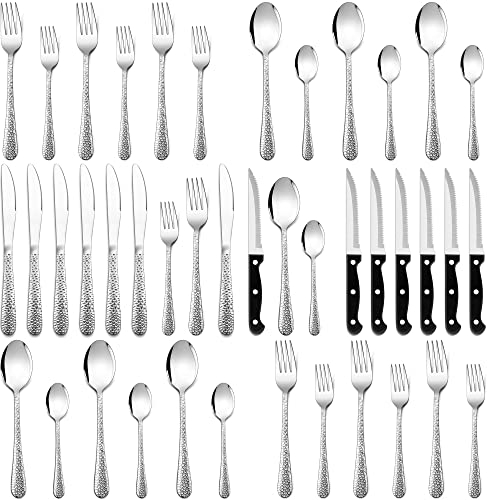 Homikit Set di posate per 6 persone, 36 pezzi, in acciaio inox, con coltello da bistecca, set di posate con coltello, forchetta, cucchiaio, posate da tavola martellate