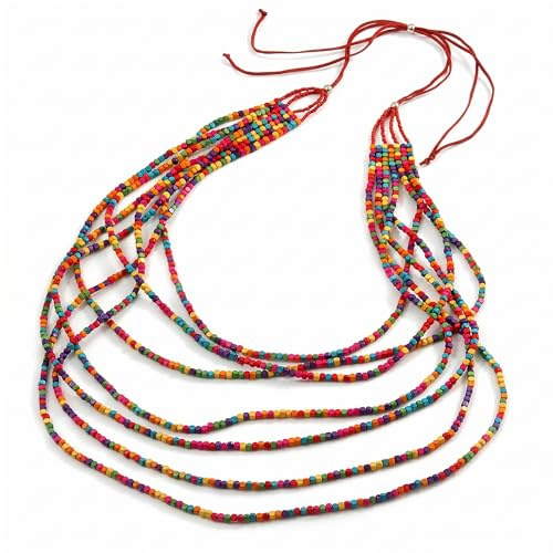 Avalaya Collar largo de cuentas de madera en capas con cordón de ante rojo (multicolor) – Ajustable – 110 cm/140 cm L, talla única, Madera Gamuza Madera