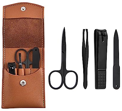 ENLACE Maniküre Set 4 Teilig, Nagelschere, Augenbrauenklammer, Kosmetikschere und Nagelfeile, Nagelpflegeset im Lederetui, Nagelset für Fuß oder Fingernägel, für Damen und Herren