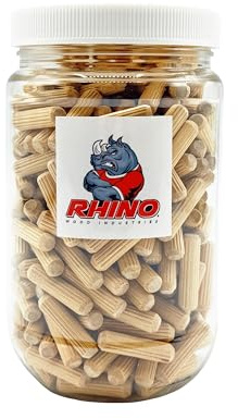 Rhino Wood Industries - 1/4 x 1 - 300 Pack Wooden Dowel Pins in Plastic Jar - Kiln Dried, Fluted, and Beveled (1/4 x 1, 300pk, Jar)