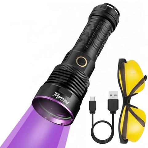 Alonefire SV89 20W Lampe Torche UV LED 365nm Rechargeable Lampe Ultraviolet Lumiere Noire Détecteur D'urine pour Resine, Pêche, Scorpion, Minéraux, Ambre avec Lunettes de Protection UV, Batterie
