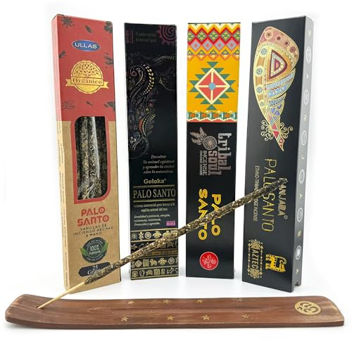 Aromasenses.- Förpackning med 4 Palo Santo rökelser av olika märken + 1 tablett aromsensor, Balaji, Goloka, Ullas och Tribal Soul – skydd, rengöring, andlig och känslomässig läkning.