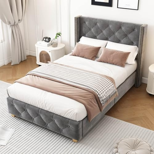 PUGSDRLY Lit 90x200 avec Sommier à Lattes,Lit 1 Place avec Tête Capitonné,Tissu de Velours,Design Rivets,Pieds en Bois,pour Enfant Adolescent Adulte,sans Matelas,Gris