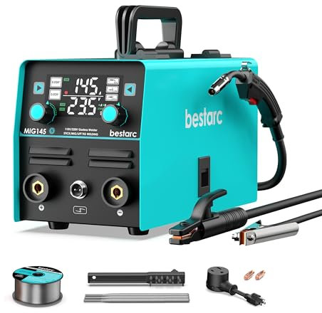 bestarc 145A MIG Welder, 110V/220V Gasless Flux Core MIG Welder/Lift TIG/Stick 3 in 1 Synergic MIG145 5GEN Welding Machine, Portable Flux Welder with Digital Screen Display