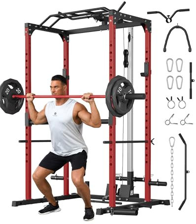 GarveeLife Power Cage, Power Racks for Home Gym with Pulley System, 1200 LBS Weight Capacity Multi-Functional Squat Rack for Strength Workout with More Training Attachment (Red D1002)