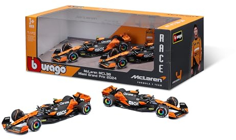 Bburago Formula 1 McLaren MCL38 Set of 2 (2024): 1:43 Scale Model Car Set, Window Box, 10 Inch, Black Orange (18-38202)