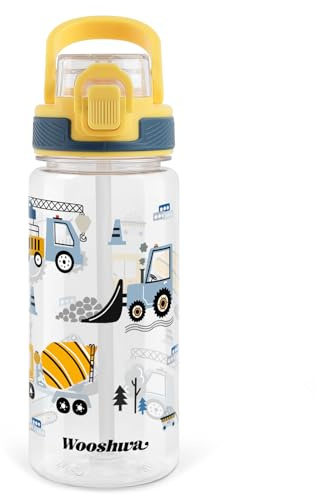 wooshwa Kids Water Bottle with Straw, 600ml/20 Oz Plastic Water Bottle | Silicone Spout, Pop-Up Cover for School, for Boys Girls, Dishwasher Safe (Excavator)