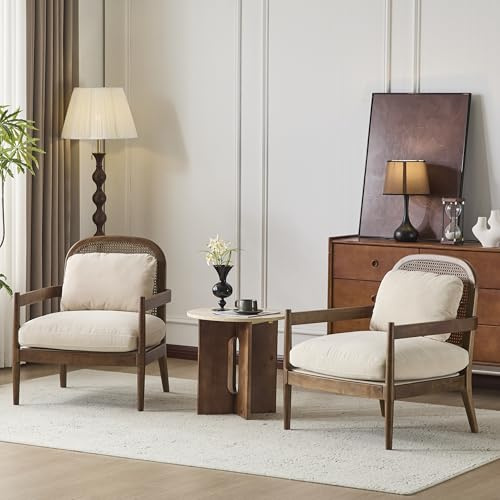 Christopher Knight Home Nadine Wooden Club Chairs Set of 2, Club Chair, Rattan Open Back Armchair, Accent Reading Sofa Chair with Cushions, Accent Chairs Set for Living Room Bedroom, Beige Stripe