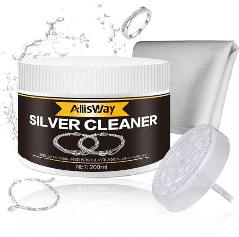 Allisway Silverrengöringsmedel, silversmyckesrengöringsmedel, silversmyckesrengöringsmedel (med filter och silvertyg), lämplig för halsband, ringar, armband, ger tillbaka glans till smycken, 200 ml