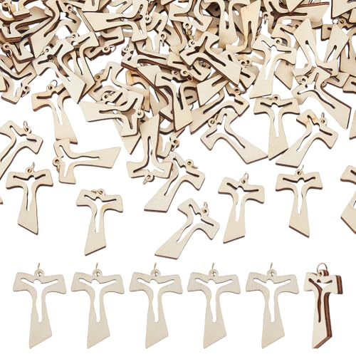 DICOSMETIC 100 pezzi Croce in Legno 39mm Piccola Croce in Legno Tagliata al Laser con Anello a Molla in Acciaio Inossidabile 304 per Creazione di Gioielli Fai-da-Te, Artigianato, Regali di