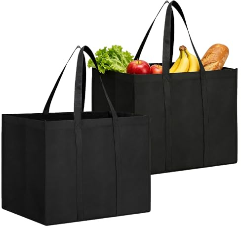 Vauki Borsa per la spesa pieghevole, 2 pezzi, 41 x 33 x 26 cm, grandi borse per la spesa in tessuto non tessuto con manici, riutilizzabile, borsa per la spesa, campeggio, lavoro (nero)
