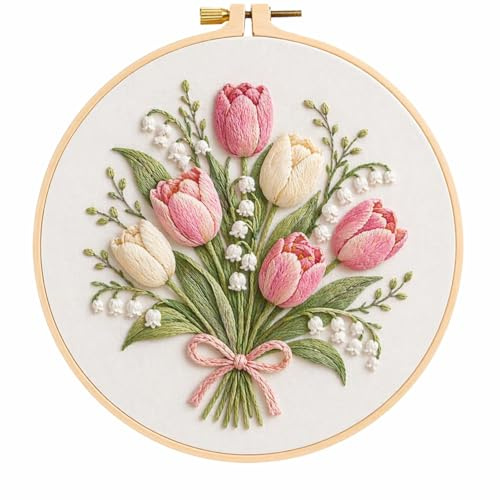 Tulip Embroidery Kit with Bamboo Hoop, Pre-Printed Fabric for Beginners