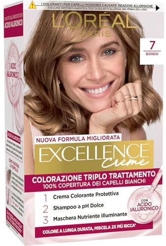 L’Oréal Paris Colorazione Triplo Trattamento Excellence, Con Acido Ialuronico, 100% Copertura Capelli Bianchi, Per Capelli Più Idratati, Biondo (7)