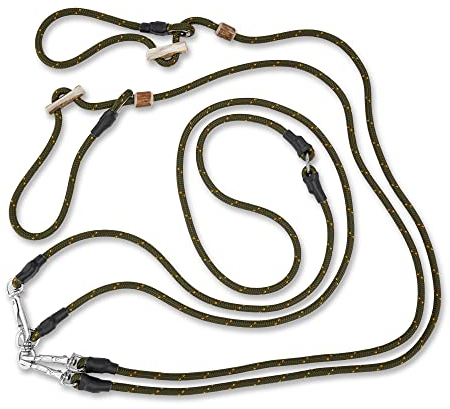 Umhängeleine Moxonleine für Zwei Hunde gleichzeitig | Auch als Jagdleine beliebt | Retrieverleine mit Zugstopp (Oliv)