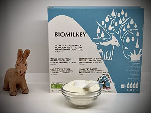 Lait d'ânesse en poudre 400 g (produit pasteurisé et lyophilisé = 4 L), utilisation alimentaire ( à boire),goût délicat .Expédition vers l'Europe