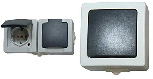 Kopp Nautic Steckdose für Feuchtraum, Aufputz, 250V (16A), 2-fach Schutzkontakt-Steckdose, grau & Nautic Universalschalter (Aus- und Wechselschalter), Aufputz,250V (10A), IP44, grau