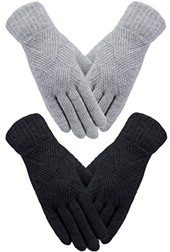SATINIOR 2 Paar Damen Winterhandschuhe Gestrickte Touchscreen Finger Doppelschichtige Elastische Handschuhe (Schwarz, Hellgrau)