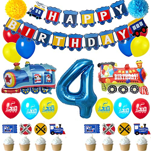 Train 4st Birthday Decorations Boys Train, 4 Years Old Birthday Party Supplies With Number 4 Foil Balloons Train Birthday Banner,Latex Balloons, Cake Topper, For Kids Train Birthday Party Decoration
