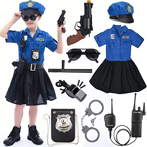 Polizei Kostüm Mädchen Polizistin Ausrüstung mit Polizei Uniform Mütze Kinder Taschenlampe Polizei Spielzeug für Mädchen Halloween Karneval (5-6Ans)