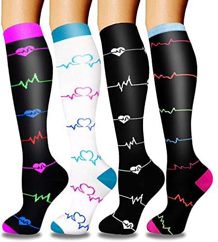 ACTINPUT 4 Paar Kompressionsstrümpfe für Damen Herren, Bunte Stützstrümpfe Kompressionssocken für Sport, Flug, Laufen, Reisen, Radsport, krankenschwester(4107 - Schwarz,L-XL)
