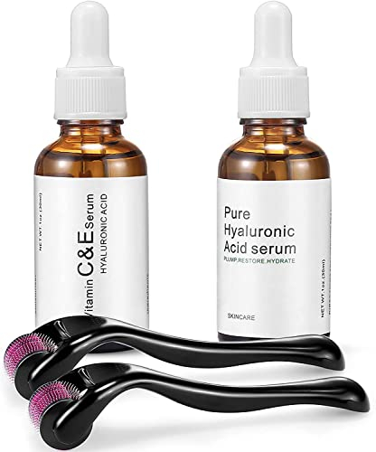 ZUNYEK 4 in 1 Set Dermaroller 540 Titan (0,5 mm+1.5mm) Mikro-Nadel, & Vitamin C Serum und Hyaluronic Acid Serum Set – Tag und Nacht Serum für Gesicht, 4 Stück