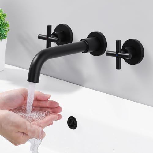 iVIGA Robinet de Lavabo Mural, Rotatif à 360°, Double Poignée Contrôle, 3 Trous de Montage Mural Encastré, Robinets de lavabo Salle de Bains pour Baignoire Mitigeur Lavabo Robinetterie Vasque, Noir
