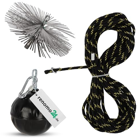 Renomo24 Schornsteinbesen Federstahl | Zuggewicht 1,9kg | Besengröße 250mm | Zugseil Länge 12m | Reinigungsset für effiziente Schornsteinpflege