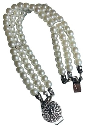 PULSERA perlas FALLERA de 3 tiras con cierre EN CAJA. Traje Siglo XIX. Oro Plata. Hecho a Mano en España. (18, PLATA)