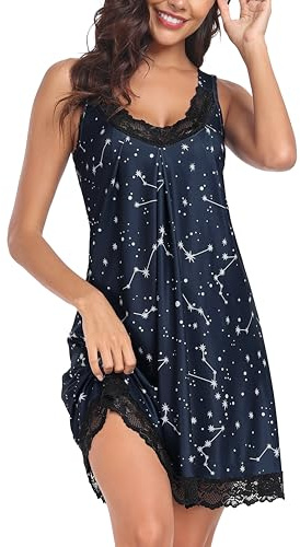 Lovasy Nuisette Sexy Femme en Dentelle Court Chemise de Nuit Babydoll Coton Grande Taille Sensuelle Bretelles Large Robe de Nuit Col en V sans Manches Bleu Marine- Lune et étoiles M