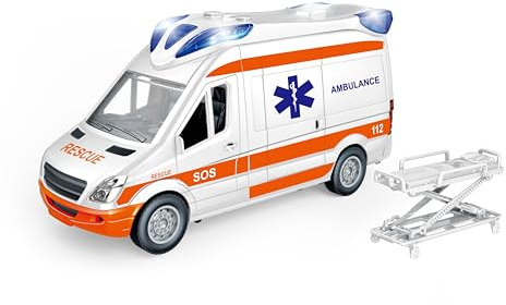 Teorema – Ambulancia Play City Escala 1:12, Juguete de Primeros Auxilios para niños, vehículo de Emergencia con Luces, Sonidos y Camilla Ajustable
