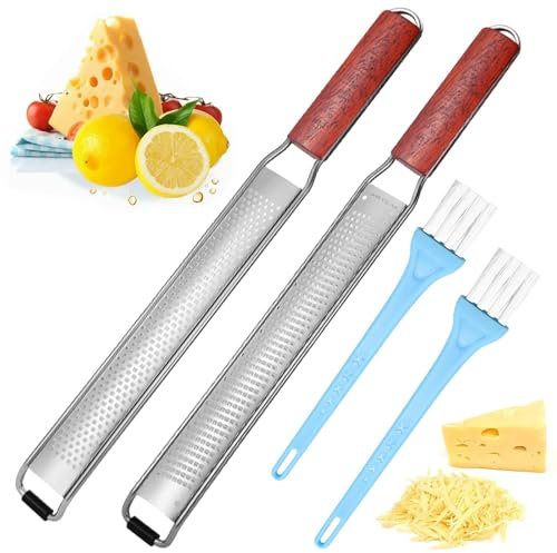 Set di grattugia per formaggio, in acciaio inox, con spazzola per la pulizia, in acciaio inox, con manico in legno, grattugia per parmigiano, grattugia per aglio e noce moscata, grattugia per