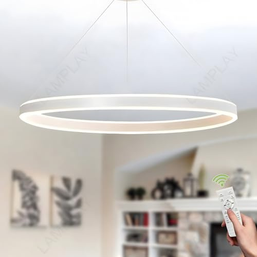 LAMPLAY Lámpara Colgante Moderna LED Redonda, 1 Anillo Blanco, Regulable Con Control Remoto 3000K-6000K, Luz De Techo, Altura Ajustable, Vestíbulo, Sala De Estar, Dormitorio, Comedor, Cocina(Ø80cm)