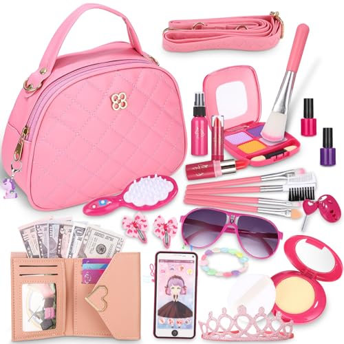 Zaxiva Prinzessin-Handtasche: Schminkkoffer für Mädchen mit 32 Teilen, Spiel-Make-up, Geldbörse, Spielzeug-Handy, Schlüsseln, für Mädchen ab 3 Jahren