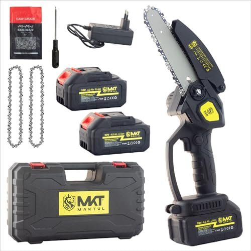MAKTUL Mini Motosierra Batería 6‘’/15cm, 8000 mAh (2 Baterías 4000mAh 20V), Sierra Eléctrica Cortar Podar Árboles Jardín, Motosierra de Mano con Accesorios, Herramienta Jardinería Poda Ramas Madera