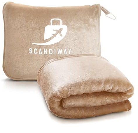 SCANDIWAY 2-i-1 Resefilt & Kudde – Mjuk, lätt & tvättbar med rem & karbinhake (Beige)
